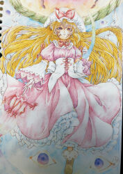 Rule 34 | blonde hair, blue background, boots, bow, brown footwear, clenched hand, closed umbrella, commentary request, corset, cross-laced clothes, cross-laced corset, detached sleeves, diao ye zong, disembodied eye, dress, expressionless, eyelashes, frilled dress, frilled footwear, frilled hat, frills, hat, hat bow, hat ribbon, holding, holding umbrella, lace-trimmed sleeves, lace trim, long dress, long hair, long sleeves, mob cap, parasol, parted lips, photo (medium), pink umbrella, pleated skirt, puffy short sleeves, puffy sleeves, purple dress, purple eyes, red bow, red ribbon, ribbon, rope, shide, shimenawa, short sleeves, skirt, straight-on, touhou, traditional media, umbrella, very long hair, white corset, white hat, white sleeves, wide sleeves, yakumo yukari, yakumoougama
