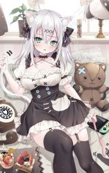 Rule 34 | 1girl, animal ears, black thighhighs, blush, breasts, cat ears, cat girl, cat tail, cleavage, crossed bangs, earrings, extra ears, food, garter straps, green eyes, hair ribbon, handheld game console, highres, holding own tail, jewelry, large breasts, long hair, original, phone, puffy short sleeves, puffy sleeves, ribbon, short sleeves, solo, stuffed animal, stuffed cat, stuffed toy, tail, thighhighs, white hair, yoruhoshi owl