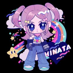 Rule 34 | 1girl, animification, belt, black belt, black footwear, blue eyes, blue pants, bow, boxing gloves, brown hair, character name, chibi, earrings, frown, hair behind ear, hair bow, highres, hinata (xg), jewelry, long hair, o bianyi didi shu o, pants, pink bow, pink scarf, real life, scarf, shirt, shoes, sleeveless, sleeveless shirt, sneakers, solo, star (symbol), star in eye, stuffed animal, stuffed toy, symbol in eye, teddy bear, two side up, xg (group), yellow bow