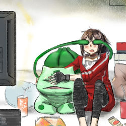 Rule 34 | 1girl, barefoot, blush, bulbasaur, covering another&#039;s eyes, covering own eyes, creatures (company), cup, drink, drinking straw, fast food, female protagonist (pokemon go), fumuna, game freak, gen 1 pokemon, handheld game console, nintendo, nintendo 3ds, no headwear, pillow, pokemon, pokemon (creature), pokemon go, sitting, television