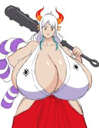 Rule 34 | 1girl, breasts, club (weapon), female focus, gigantic breasts, highres, hip vent, horns, long hair, looking at viewer, momijizx, one piece, solo, white hair, yamato (one piece)