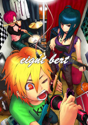 Rule 34 | 3girls, band, blonde hair, blue hair, breasts, choker, cleavage, everyone, guitar, instrument, itou eito, long hair, medium breasts, microphone, microphone stand, multicolored hair, multiple girls, one eye closed, red hair, sweat, tatami, tattoo, two-tone hair, wink