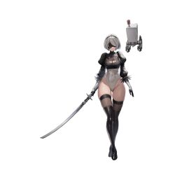 Rule 34 | 1girl, 1other, 2b (nier:automata), absurdres, black blindfold, blindfold, boots, breasts, cleavage, cleavage cutout, clothing cutout, collaboration, covered eyes, crossover, curvy, feather-trimmed sleeves, gloves, goddess of victory: nikke, highleg, highleg leotard, highres, holding, holding sword, holding weapon, katana, large breasts, leotard, long sleeves, nier:automata, nier (series), official art, pod (nier:automata), shiny skin, short hair, solo, sword, thick thighs, thighhighs, thighhighs under boots, thighs, weapon, white hair, white leotard, wide hips