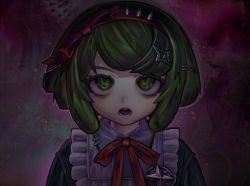 Rule 34 | 1girl, :3, black dress, blush, commentary, danganronpa (series), danganronpa another episode: ultra despair girls, dress, green eyes, green hair, hair ornament, hairband, hairclip, looking at viewer, neck ribbon, open mouth, pink background, red ribbon, ribbon, short hair, smile, solo, spiked hairband, spikes, teeth, towa monaca, upper body, v1v404