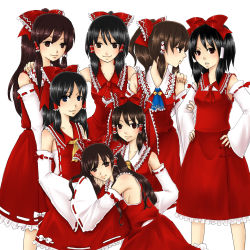Rule 34 | 6+girls, annotated, armpits, bad id, bad pixiv id, black hair, blue eyes, breasts, brown eyes, brown hair, detached sleeves, embodiment of scarlet devil, female focus, geike, hair ornament, hakurei reimu, hands on own hips, highres, immaterial and missing power, imperishable night, japanese clothes, long hair, medium breasts, miko, mountain of faith, multiple girls, multiple persona, perfect cherry blossom, ponytail, ribbon, scarlet weather rhapsody, sideboob, simple background, touhou, very long hair