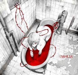 Rule 34 | 1girl, arizuka (catacombe), ass, back, barbed wire, bathroom, bathtub, breasts, claw foot bathtub, cleavage, female focus, hair over one eye, highres, indoors, large breasts, monochrome, nipples, nude, original, red eyes, short hair, smile, solo, spot color, white hair, wire