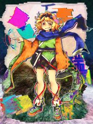 Rule 34 | 1other, androgynous, belt, blue scarf, brown belt, brown shorts, closed mouth, commentary, english commentary, full body, green footwear, hairband, hand up, highres, leg ribbon, len&#039;en, long sleeves, medium hair, orange eyes, orange hair, orange sleeves, other focus, outline, primary dragon, red hairband, red ribbon, ribbon, scarf, shorts, smile, socks, solo, two-sided fabric, two-sided sleeves, uneven eyes, white outline, white socks, wide sleeves, zuifeng tenkai