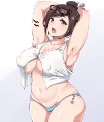 Rule 34 | 1girl, armpits, arms up, bare shoulders, belly, blue panties, breasts, brown hair, collarbone, covered erect nipples, cowboy shot, curvy, eyebrows, hair bun, hair ornament, hair stick, highres, large breasts, looking at viewer, mei (overwatch), moisture (chichi), navel, open mouth, overwatch, overwatch 1, panties, plump, purple background, red eyes, short hair, simple background, single hair bun, skindentation, solo, stomach, sweatdrop, teardrop, thick arms, thick eyebrows, underwear, yawning