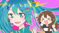 Rule 34 | &gt;o&lt;, 2girls, arm up, blue eyes, blue hair, blue nails, border, brown hair, character request, cheering, emirichu, emirichu (character), fangs, fingernails, glowstick, gradient hair, hatsune miku, hatsune miku japan tour 2023 ~thunderbolt~, holding, holding glowstick, indie virtual youtuber, microphone, multicolored hair, multiple girls, neck, non-web source, open mouth, pale skin, purple background, shirt, striped clothes, striped shirt, twintails, vocaloid