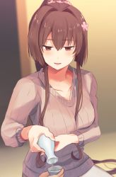 Rule 34 | 1girl, beige sweater, blush, breasts, brown hair, casual, cleavage, collarbone, drinking, flower, hair between eyes, hair flower, hair intakes, hair ornament, highres, indoors, kantai collection, large breasts, long hair, looking at viewer, pants, ponytail, pouring, pov, purple eyes, ribbed sweater, senbei (senbe i), sidelocks, smile, solo, sweater, very long hair, white pants, yamato (kancolle)