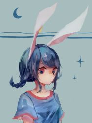 Rule 34 | 1girl, animal ears, aqua background, blue hair, braid, crescent, dress, highres, ijen (ljenejl), looking at viewer, rabbit ears, red eyes, seiran (touhou), short hair, short sleeves, solo, sparkle, sparkling eyes, touhou, twin braids, upper body