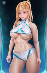 Rule 34 | 1girl, abs, alternate costume, artist name, bare arms, bare shoulders, breasts, cameltoe, commentary, covered collarbone, fingernails, highres, large breasts, lips, long hair, metroid, midriff, mole, mole under mouth, muscular, muscular female, navel, nintendo, parted lips, ponytail, prywinko, samus aran, shiny clothes, shiny skin, shorts, simple background, sleeveless, smile, stomach, thighs, turtleneck, underboob, watermark