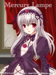 Rule 34 | 00s, 15citron, 1girl, :d, black dress, black ribbon, collar, collarbone, curtains, dress, flower, frills, hairband, juliet sleeves, lolita hairband, long hair, long sleeves, looking at viewer, open mouth, puffy long sleeves, puffy sleeves, ribbon, rose, rozen maiden, silver hair, smile, solo, suigintou, text focus, very long hair