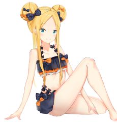 Rule 34 | 1girl, abigail williams (emerald float) (fate), abigail williams (fate), absurdres, bare arms, bare legs, bare shoulders, bikini, black bikini, black bow, blonde hair, blue eyes, blush, bow, closed mouth, collarbone, commentary request, double bun, emerald float, fate/grand order, fate (series), feet out of frame, forehead, full body, hair bow, hair bun, highres, long hair, official alternate costume, orange bow, parted bangs, polka dot, polka dot bow, side bun, sidelocks, simple background, sitting, smile, solo, swimsuit, very long hair, white background, yukaa