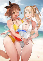 Rule 34 | 2girls, atelier (series), atelier ryza, atelier ryza 2, ball, beach, beachball, bikini, blonde hair, blue sky, bracelet, braid, breasts, brown eyes, brown hair, cleavage, day, dutch angle, gluteal fold, hairband, halterneck, high ponytail, highres, jewelry, key, key necklace, klaudia valentz, large breasts, long hair, multiple girls, necklace, official art, one-piece swimsuit, one eye closed, open mouth, photoshop (medium), ponytail, reisalin stout, sample watermark, short hair, skindentation, sky, swimsuit, thick thighs, thighs, toridamono, watermark, white one-piece swimsuit, yellow bikini, yellow eyes