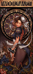 Rule 34 | 1girl, art nouveau, artist name, ass, backless dress, backless outfit, bird, bracelet, breasts, brown hair, bun cover, capcom, china dress, chinese clothes, chun-li, doily, double bun, dress, earrings, flower, hair ribbon, highres, jewelry, large breasts, looking down, pantyhose, ribbon, solo, spiked bracelet, spikes, standing, street fighter, woo kim