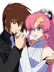 Rule 34 | 1boy, 1girl, black flower, black jacket, black shirt, blue eyes, brown hair, collarbone, collared shirt, couple, dress, eye contact, eyebrows hidden by hair, flower, gundam, gundam seed, hair flower, hair ornament, hairclip, hand on another&#039;s shoulder, hetero, highres, holding hands, jacket, kira yamato, lacus clyne, long hair, long sleeves, looking at another, necktie, pink hair, purple eyes, rrrisyf, shirt, short hair, simple background, very long hair, white background, white dress, white flower, white necktie, wing collar