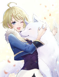 Rule 34 | 1girl, animal, blonde hair, blue eyes, fire emblem, fire emblem engage, fur trim, highres, hiro (haruumi0120), holding, holding animal, long sleeves, merrin (fire emblem), nintendo, one eye closed, open mouth, short hair, simple background, smile, solo, wolf
