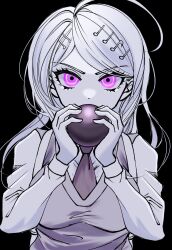 Rule 34 | 1girl, ahoge, akamatsu kaede, ball, black background, breasts, covered mouth, danganronpa (series), danganronpa v3: killing harmony, fortissimo, hair ornament, highres, holding, holding ball, large breasts, long hair, long sleeves, musical note, musical note hair ornament, necktie, pink eyes, satori (aosky9077), simple background, solo, sweater vest, upper body