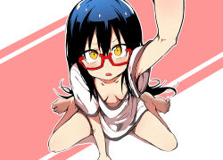 Rule 34 | 1girl, absurdres, areola slip, arm support, arm up, armpit peek, bare legs, barefoot, black hair, blush, breasts, bural chingu, downblouse, extended downblouse, foreshortening, full body, glasses, hair between eyes, highres, ju hyeon-mi, leaning forward, long hair, luke (dydansgur), naked shirt, no bra, open mouth, original, red-framed eyewear, shirt, short sleeves, sitting, small breasts, solo, wariza, yellow eyes