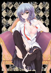 Rule 34 | 1girl, argyle, argyle background, argyle clothes, armchair, bad id, bad pixiv id, blue eyes, blue hair, bra, braid, breasts, bug, butterfly, chair, cleavage, feet, female focus, grin, highres, insect, izayoi sakuya, large breasts, lingerie, matching hair/eyes, naughty face, no panties, open clothes, open shirt, panties, panties around leg, shirt, side braid, single braid, sitting, skirt, smile, solo, thighhighs, toes, touhou, twin braids, underwear, undressing, utakata (kochou no yume)