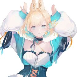 Rule 34 | 1girl, animal ears, aqua eyes, aqua hair, aqua jacket, blonde hair, blue ribbon, collarbone, colored inner hair, criss-cross halter, criss-cross strings, dress, ear ornament, earrings, fumin (kagefumi), halterneck, indie virtual youtuber, jacket, jellyfish earrings, jewelry, kagefumi, lace, lace-trimmed dress, lace trim, light blush, looking at viewer, multicolored clothes, multicolored hair, multicolored jacket, neck ribbon, parted bangs, parted lips, pinstripe dress, pinstripe pattern, puffy sleeves, rabbit pose, ribbon, short hair, single earring, sleeves past wrists, solo, straight-on, two-tone jacket, upper body, virtual youtuber, white dress, white jacket