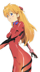 Rule 34 | 1girl, bodysuit, brown hair, cowboy shot, curvy, from side, hair between eyes, hair ornament, hairclip, kurisuka, long hair, mahoutsukai, neon genesis evangelion, plugsuit, shiny clothes, simple background, skin tight, smile, solo, souryuu asuka langley, standing, white background, wide hips
