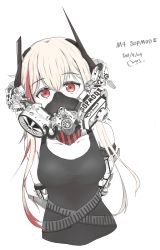 Rule 34 | 1girl, absurdres, albino, artist request, bad id, bad pixiv id, commentary, cyberpunk, english commentary, english text, gas mask, girls&#039; frontline, highres, looking at viewer, m4 sopmod ii (girls&#039; frontline), mask, mechanical arms, pink hair, red eyes, single mechanical arm, solo, white hair