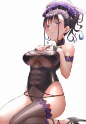 Rule 34 | 1girl, armlet, bare shoulders, black gloves, black one-piece swimsuit, blush, breasts, closed mouth, covered navel, fate/grand order, fate (series), fingerless gloves, flower, gloves, gold trim, hair flower, hair ornament, hair up, half gloves, hands on own chest, highleg, highleg swimsuit, highres, large breasts, long hair, looking at viewer, murasaki shikibu (fate), murasaki shikibu (swimsuit rider) (fate), murasaki shikibu (swimsuit rider) (first ascension) (fate), one-piece swimsuit, otsukemono, purple eyes, purple hair, seiza, simple background, single thighhigh, sitting, swimsuit, thighhighs, thighs, white background