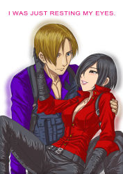 Rule 34 | 1boy, 1girl, ada wong, black hair, blonde hair, blue eyes, blush, breasts, brown eyes, cleavage, couple, curtained hair, english text, facial hair, gloves, hetero, highres, holding, kofire, leon s. kennedy, lips, load bearing vest, pants, resident evil, resident evil 6, short hair, smile, spoilers, stubble