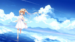 Rule 34 | 1girl, air (visual novel), bare arms, bare shoulders, barefoot, bird, blonde hair, blue eyes, blue ribbon, blue sky, blush, cloud, collarbone, commentary request, contrail, day, dress, dutch angle, hair between eyes, hair ribbon, highres, kamio misuzu, looking at viewer, mountain, ocean, outdoors, parted lips, ribbon, sky, sleeveless, sleeveless dress, smile, solo, sundress, walking, walking on liquid, water, white dress, white ribbon, xia xiang (ozicha)