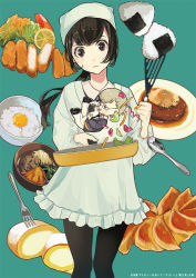 Rule 34 | 1girl, bad id, bad pixiv id, black eyes, black pantyhose, blue background, commentary request, dress, egg, food, fruit, frying pan, hat, highres, holding, lemon, lemon slice, long hair, long sleeves, looking at viewer, nori (seaweed), official art, onigiri, original, pantyhose, peter pan collar, plate, ponytail, rice, simple background, spatula, standing, suono, translation request, white dress