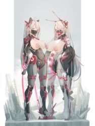 Rule 34 | 2girls, antenna hair, antennae, azur lane, bodysuit, braid, braided ponytail, breasts, cameltoe, character name, cleft of venus, commentary, cross, cross earrings, cross hair ornament, earrings, english commentary, glowing, glowing tail, hair ornament, high heels, highres, inverted nipples, iron cross, jewelry, large areolae, large breasts, long hair, mask, mecha musume, mechanical ears, mechanical parts, mixed-language commentary, mole, mole on breast, mouth mask, multiple girls, nipples, one eye closed, prinz eugen (azur lane), prinz heinrich (azur lane), qr code, red eyes, sideboob, silver hair, skindentation, swept bangs, tube, twintails, yusha m