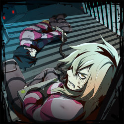 Rule 34 | 00s, 2boys, blonde hair, blue hair, chain, cuffs, indoors, injury, looking at viewer, lying, male focus, multiple boys, oversized limbs, prison, prison clothes, shackles, sharp teeth, simon (ttgl), sitting, spoilers, stocks, striped clothes, striped sweater, sweater, teeth, tengen toppa gurren lagann, umapan, viral (ttgl), yellow eyes