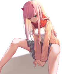 Rule 34 | 10s, 1girl, absurdres, closed mouth, darling in the franxx, green eyes, green skirt, highres, horns, long hair, long sleeves, looking at viewer, pink hair, pleated skirt, red scarf, scarf, simple background, sitting, skirt, solo, sugar (dndi888), white background, zero two (darling in the franxx)