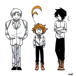 Rule 34 | 1girl, 2boys, ahoge, arms behind back, artist name, black hair, boots, cross-laced footwear, crossed arms, emma (yakusoku no neverland), full body, height difference, highres, looking at another, multiple boys, norman (yakusoku no neverland), nufisu, orange hair, ray (yakusoku no neverland), smile, waistcoat, white background, white hair, yakusoku no neverland, | |