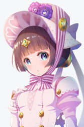 Rule 34 | 1girl, blue eyes, blunt bangs, blush, breasts, brown hair, character request, closed mouth, commentary request, dress, flower, gloves, grey background, hair ornament, hand up, hat, hat flower, heart, heart print, kuroe (sugarberry), looking at viewer, pink dress, pink hair, puffy short sleeves, puffy sleeves, purple flower, short sleeves, simple background, small breasts, solo, upper body, white background, white gloves, wonderland wars