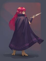 Rule 34 | 1girl, absurdres, boots, brown footwear, cape, fire emblem, fire emblem engage, full body, highres, holding, holding knife, holding weapon, kaphrin, knife, long hair, nintendo, purple cape, red eyes, red hair, simple background, solo, weapon, yunaka (fire emblem)