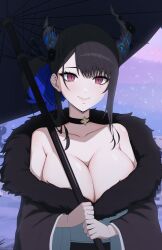 Rule 34 | 1girl, absurdres, asymmetrical horns, bare shoulders, black hair, blue hair, breasts, choker, cleavage, closed mouth, collarbone, daydarion, demon horns, fur trim, hair bun, highres, holding, holding umbrella, hololive, hololive english, horns, huge breasts, japanese clothes, kimono, long sleeves, looking at viewer, mole, mole under eye, multicolored hair, nerissa ravencroft, outdoors, red eyes, slit pupils, smile, snow, snowing, solo, two-tone hair, umbrella, upper body, virtual youtuber
