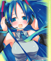 Rule 34 | 1girl, bad id, bad pixiv id, bare shoulders, blush, breasts, close-up, detached sleeves, female focus, green eyes, green hair, hair ribbon, hatsune miku, headphones, headset, large breasts, long hair, matching hair/eyes, mitsuki tsumi, multicolored hair, necktie, open mouth, ribbon, smile, solo, two-tone hair, very long hair, vocaloid