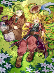 Rule 34 | 10s, 1boy, 1girl, :/, :d, ^ ^, black shirt, blonde hair, blush, boots, bowl, brown footwear, brown gloves, brown jacket, bucket hat, closed eyes, closed mouth, colored eyelashes, cr72, closed eyes, flower, food, from above, gloves, grass, green eyes, green hair, hair between eyes, hair spread out, hand on another&#039;s cheek, hand on another&#039;s face, hand on own stomach, hat, hat feather, head tilt, holding, holding bowl, indian style, jacket, ladle, long hair, lying, lyza (made in abyss), made in abyss, on back, open clothes, open jacket, open mouth, pants, red pants, shade, shirt, short hair, short sleeves, sitting, smile, torka, very long hair, whistle, white pants, wood