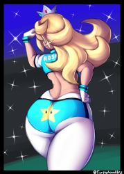 Rule 34 | 1girl, absurdres, alternate universe, ass, ass focus, blonde hair, crown, earrings, flexing, from behind, gloves, highres, huge ass, jewelry, long hair, mario (series), midriff, nintendo, rosalina, shiny clothes, shiny skin, soccer uniform, solo, sportswear, super mario galaxy, super mario strikers, thick thighs, thighs, tippydoodles