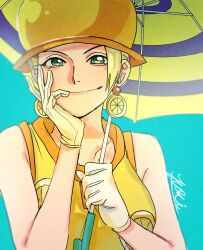Rule 34 | 1girl, blonde hair, blue background, commentary request, dress, earrings, feichangkou, food-themed earrings, food themed earrings, gloves, green eyes, hand on own cheek, hand on own face, hat, highres, holding, holding umbrella, jewelry, lemon earrings, looking at viewer, miss valentine, one piece, short hair, simple background, smile, solo, umbrella, upper body, yellow dress
