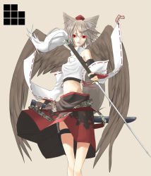Rule 34 | 1girl, animal ears, bad id, bad pixiv id, bird wings, detached sleeves, female focus, hat, highres, inubashiri momiji, knife, open mouth, red eyes, seu kaname, short hair, silver hair, solo, sword, tail, tokin hat, touhou, weapon, wide sleeves, wings, wolf ears, wolf tail