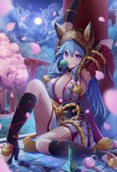 Rule 34 | 1girl, animal hood, animal print, armpits, arms up, black footwear, black sky, blue hair, breasts, blowing bubbles, cherry blossoms, chewing gum, closed mouth, cloud, commentary request, fishnet pantyhose, fishnets, flask, full body, full moon, grass, high heels, hood, japanese clothes, kimono, large breasts, leopard print, long hair, looking at viewer, moon, night, oboro (ragnarok online), pantyhose, potion, purple eyes, ragnarok online, rifu skr, round-bottom flask, shuriken, sideboob, signature, sky, smile, solo, thighs, torii, tree, weapon, white kimono