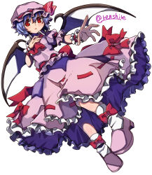 Rule 34 | 1girl, ascot, bat wings, blue hair, bow, commentary, full body, hat, highres, looking at viewer, mob cap, one-hour drawing challenge, pink footwear, pink hat, pink shirt, pink skirt, red ascot, red bow, red eyes, remilia scarlet, renshirenji, ribbon-trimmed skirt, ribbon trim, shirt, short hair, short sleeves, simple background, skirt, socks, solo, touhou, twitter username, white background, white socks, wings, wrist cuffs