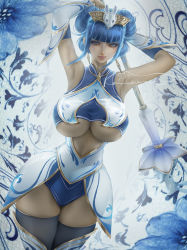 Rule 34 | 1girl, armpits, arms behind head, black thighhighs, blue eyes, blue flower, blue hair, blunt bangs, breasts, detached sleeves, double bun, earrings, flower, gloves, hair bun, holding, holding staff, jewelry, large breasts, league of legends, looking at viewer, lux (league of legends), official alternate costume, porcelain lux, rain wzq, short hair, skindentation, smile, solo, staff, thighhighs, white background