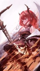 Rule 34 | 1girl, absurdres, arknights, black dress, black jacket, black legwear, detached collar, dress, highres, holding, holding sword, holding weapon, horns, jacket, long hair, nepperoni, off shoulder, open clothes, open jacket, parted lips, purple eyes, red hair, sleeveless, sleeveless dress, solo, surtr (arknights), sword, weapon