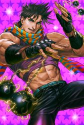 Rule 34 | 1boy, bad id, bad pixiv id, black hair, blue eyes, bola (weapon), brown hair, crop top, electricity, fingerless gloves, gloves, jojo no kimyou na bouken, joseph joestar, joseph joestar (young), male focus, manly, midriff, muscular, realistic, scarf, shueisha, solo, striped clothes, striped scarf, ug (ugg)