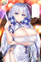 Rule 34 | 1girl, absurdres, ahoge, arm under breasts, azur lane, blue eyes, blue ribbon, blurry, blurry background, blush, breasts, china dress, chinese clothes, cleavage, cleavage cutout, closed mouth, clothing cutout, dress, flower, folded fan, folding fan, hair flower, hair ornament, hand fan, highres, illustrious (azur lane), illustrious (maiden lily&#039;s radiance) (azur lane), lantern, large breasts, long hair, looking at viewer, low twintails, nez-box, official alternate costume, paper lantern, ribbon, side slit, signature, smile, solo, tassel, twintails, white dress, white hair